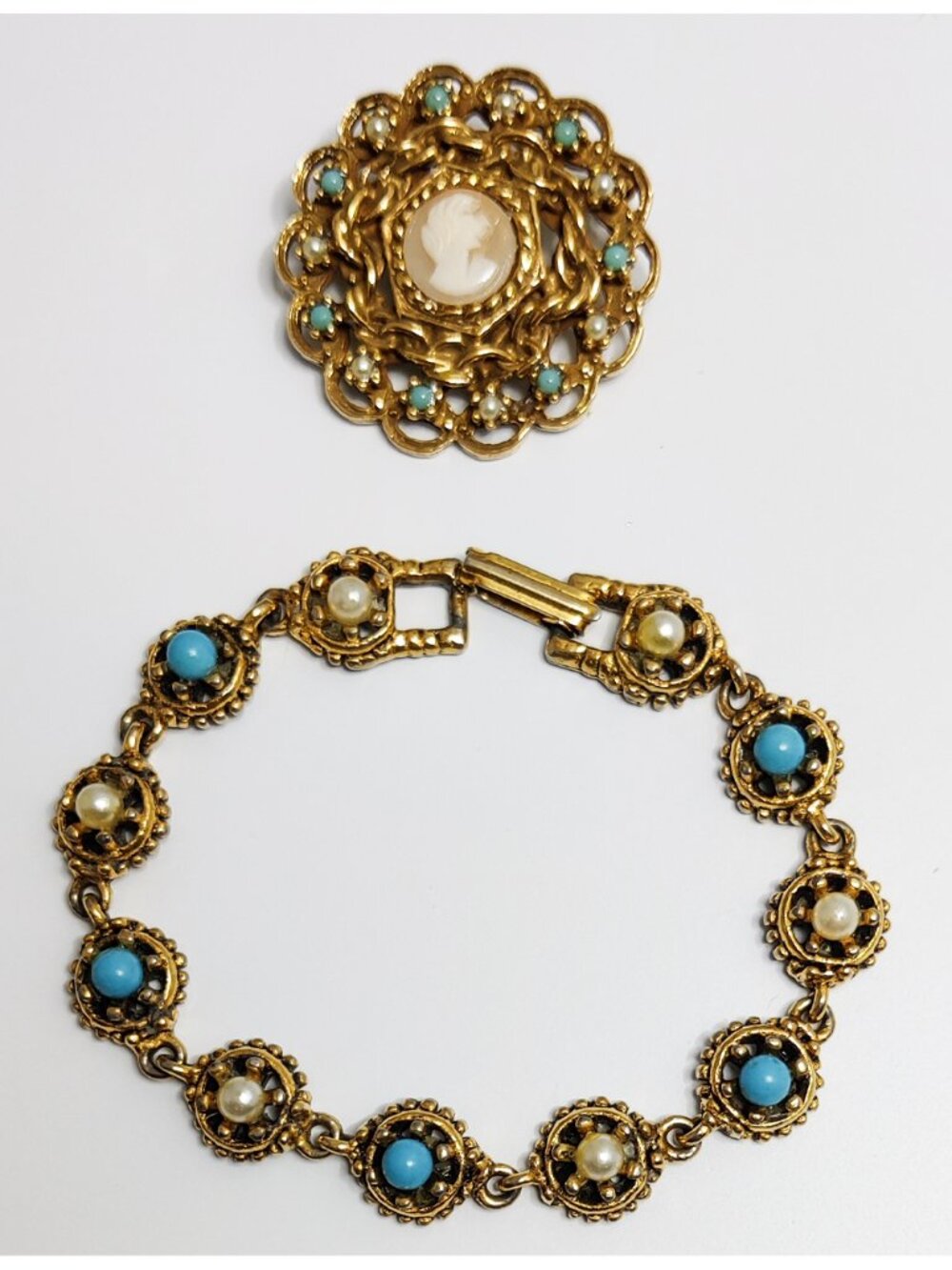 Vintage 1960s Victorian Revival Brooch Bracelet Cameo Faux Pearls Faux Turquoise